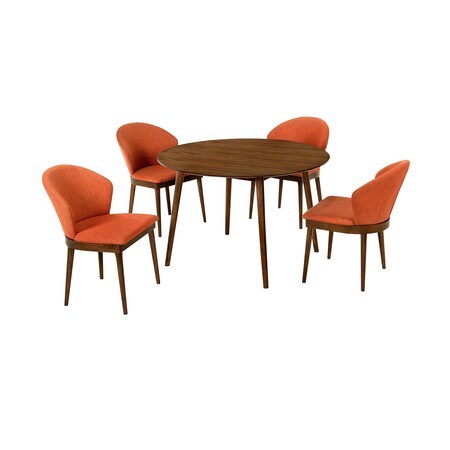 Armen Living Arcadia and Juno 48" Round Orange and Walnut Wood 5 Piece Dining Set SETARDI5JNWAOR48